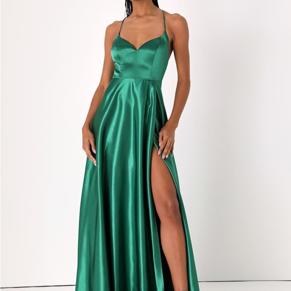 Lulu's Emerald Satin Spaghetti-Strap Maxi Dress